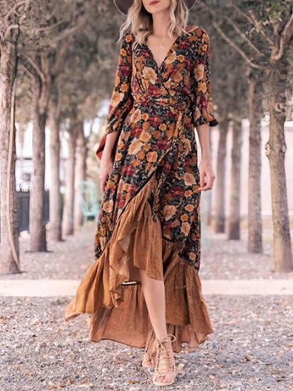 Maxi Dresses - Retro Long Sleeve Printed Long Dress - MsDressly