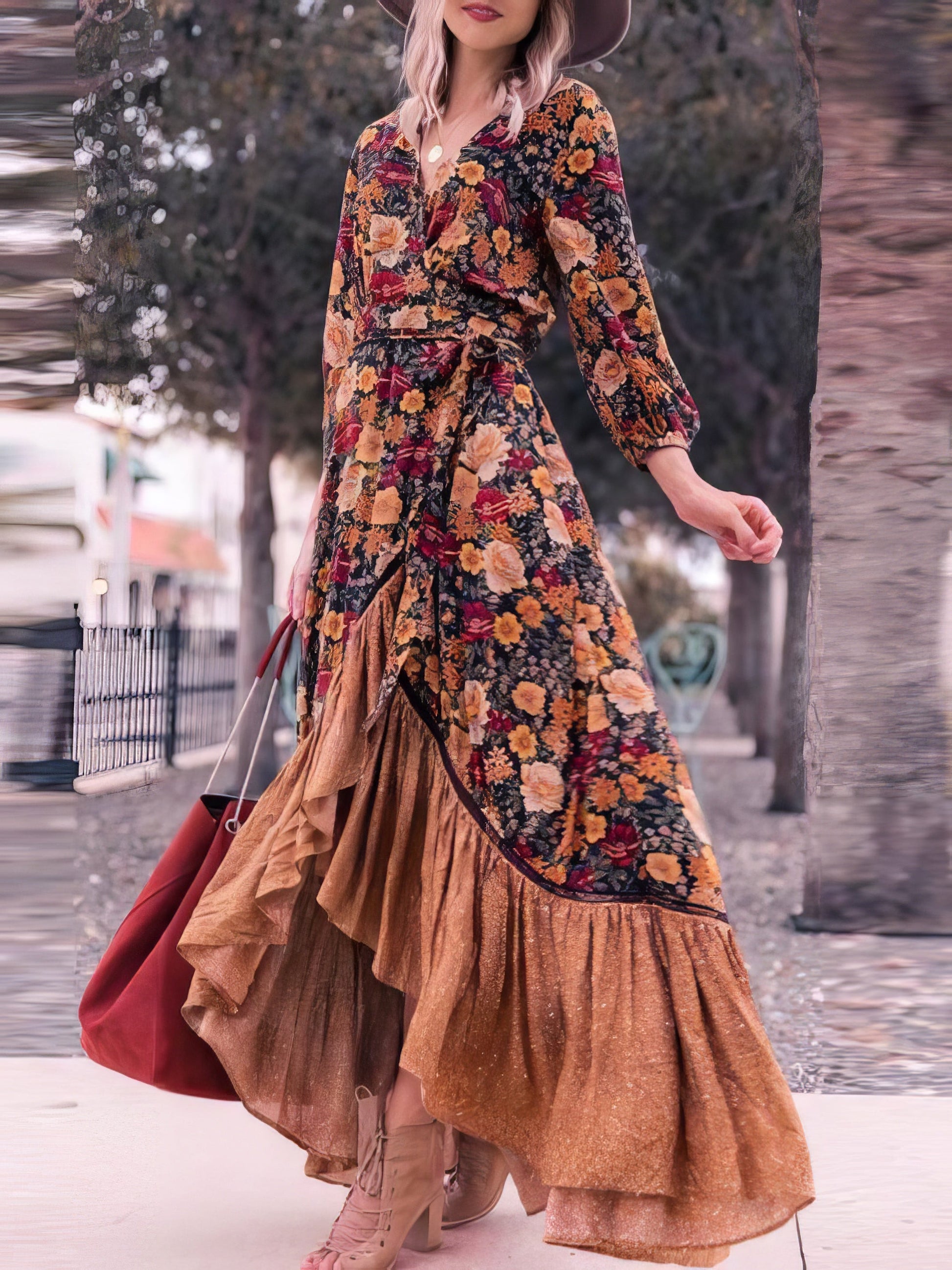 Maxi Dresses - Retro Long Sleeve Printed Long Dress - MsDressly