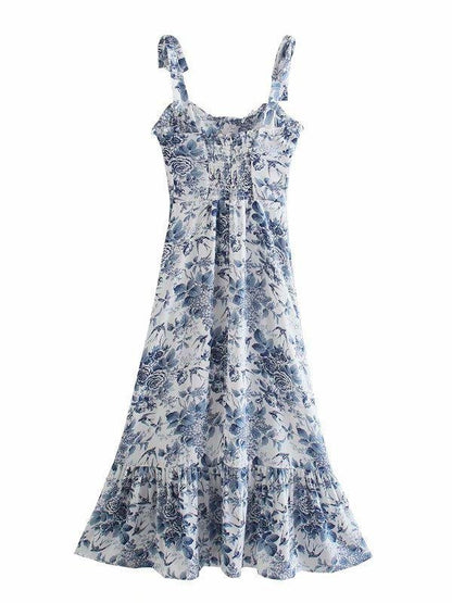 Retro Print Suspender Ruffle Strappy Dress - LuckyFash™