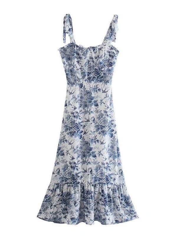 Retro Print Suspender Ruffle Strappy Dress - LuckyFash™