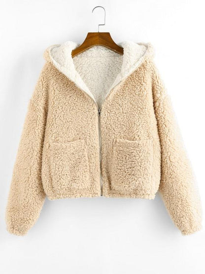 Reversible Hooded Pocket Drop Shoulder Teddy Coat for Women