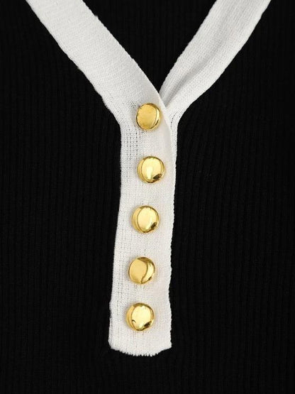 Ribbed Button Placket Bicolor Sweater - LuckyFash™