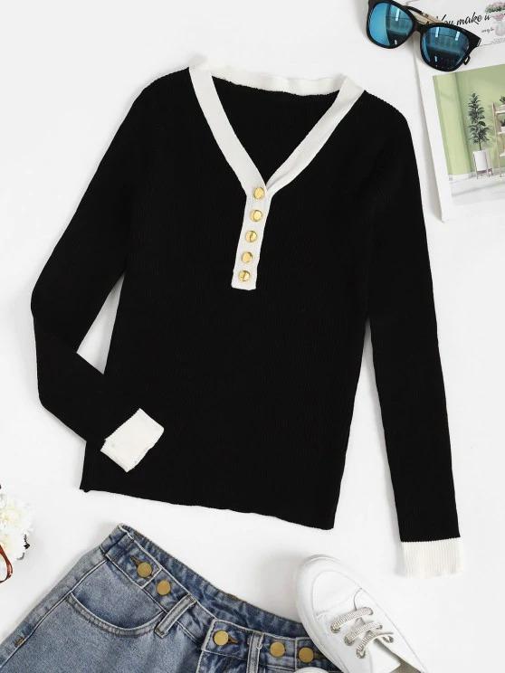 Ribbed Button Placket Bicolor Sweater - LuckyFash™