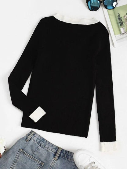 Ribbed Button Placket Bicolor Sweater - LuckyFash™