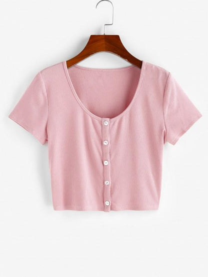 Ribbed Button Up Crop T-shirt - LuckyFash™