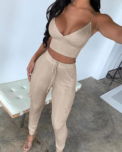 Ribbed Crop Top & Drawstring Pants Set - LuckyFash™