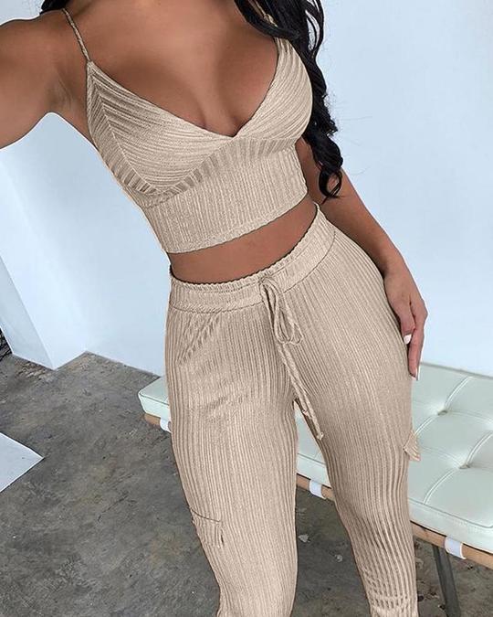 Ribbed Crop Top & Drawstring Pants Set - LuckyFash™