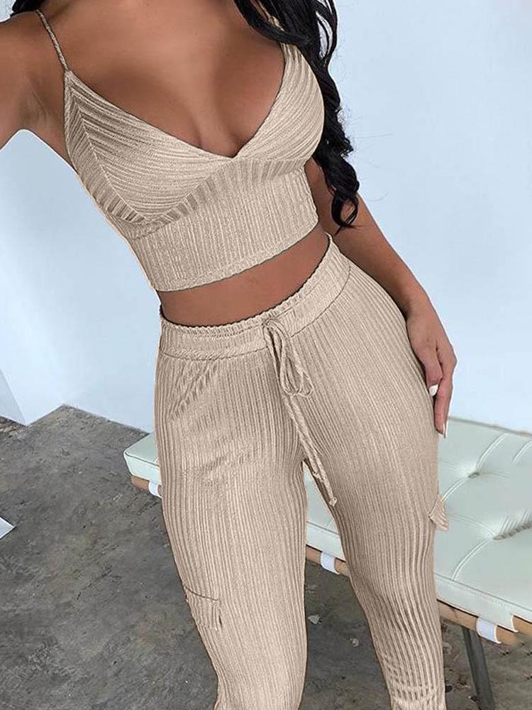 Ribbed Crop Top & Drawstring Pants Set - LuckyFash™