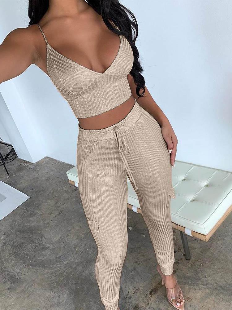 Ribbed Crop Top & Drawstring Pants Set for Women