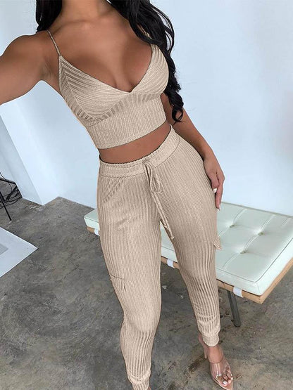 Ribbed Crop Top & Drawstring Pants Set - LuckyFash™