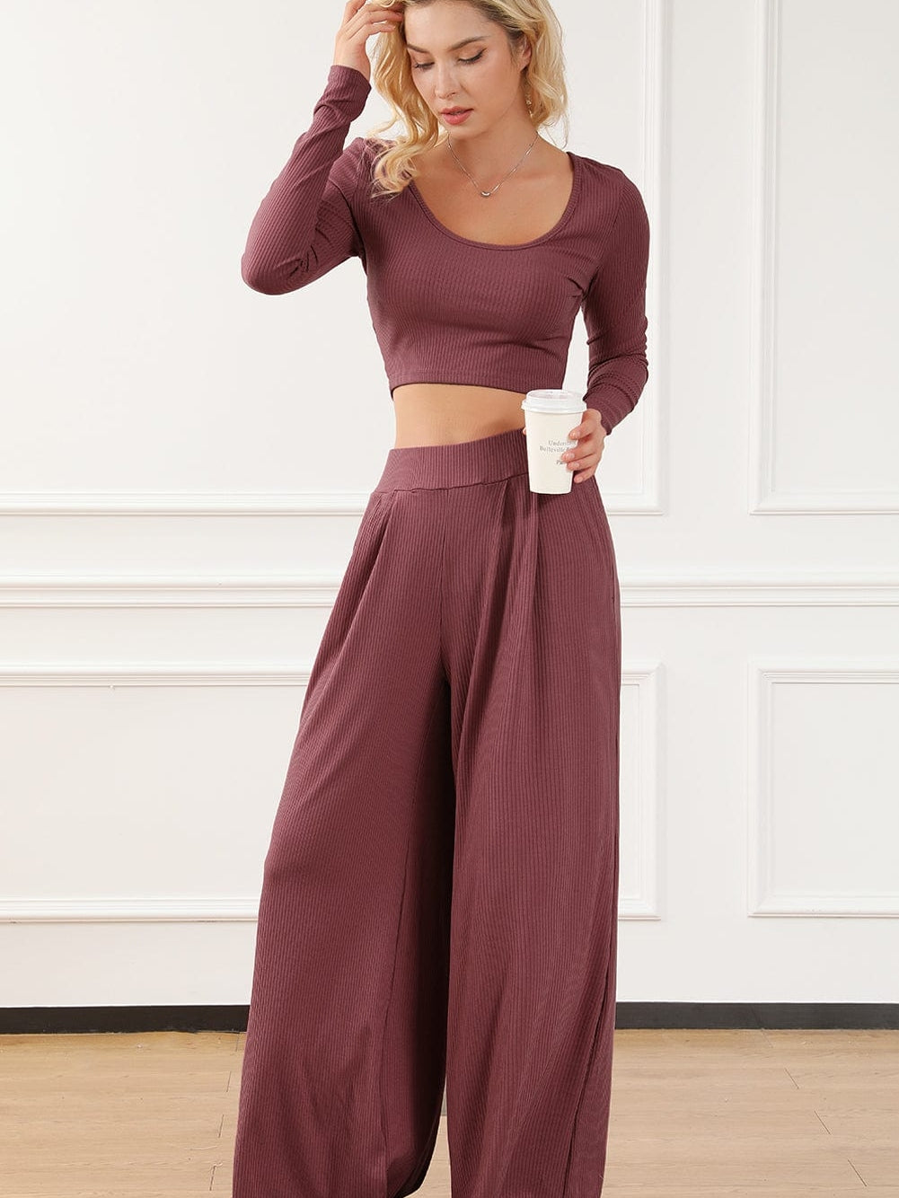 Ribbed Crop Top with Matching Wide Leg Pants - Winter Edition