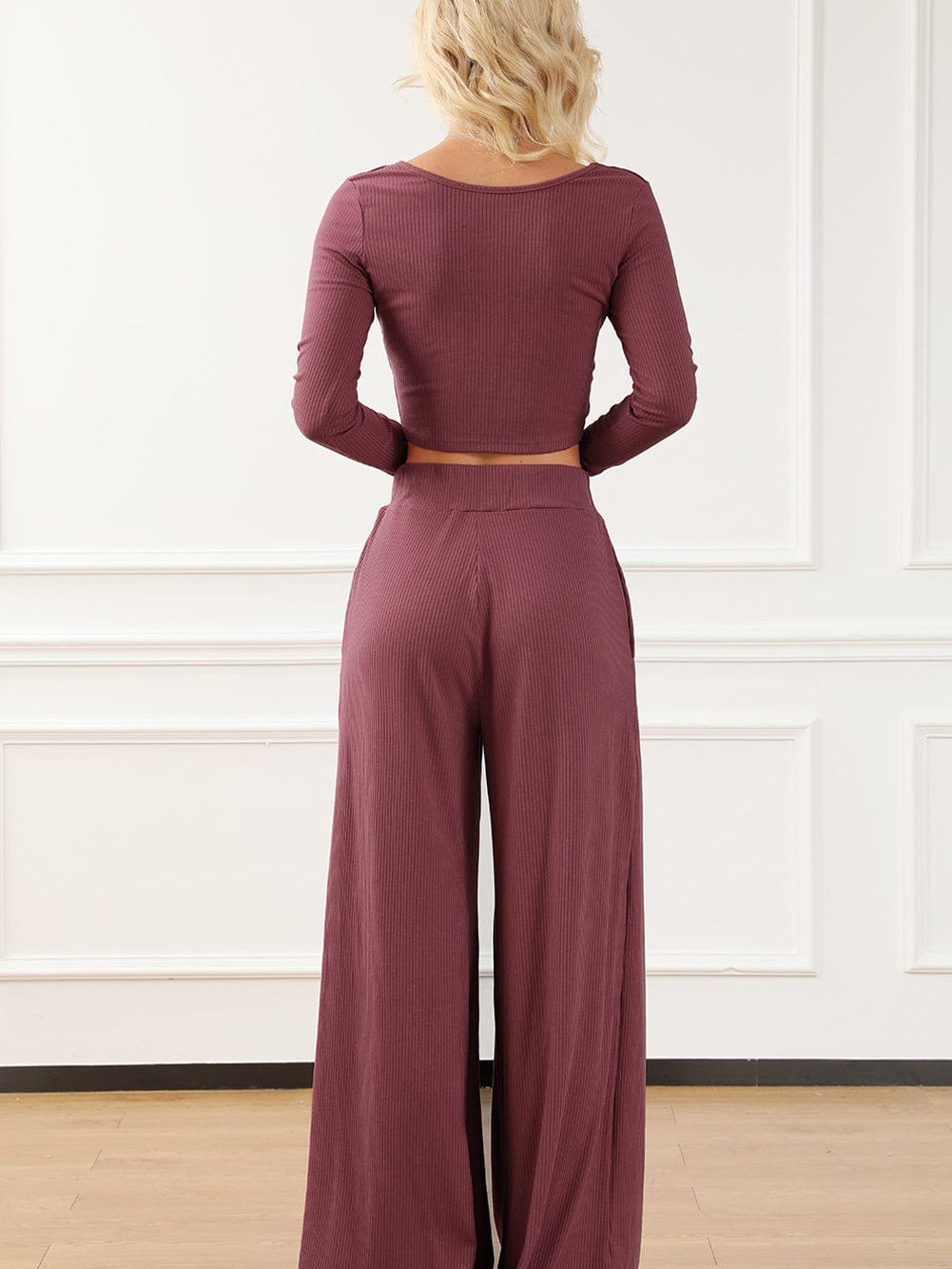 Ribbed Crop Top with Matching Wide Leg Pants - Winter Edition