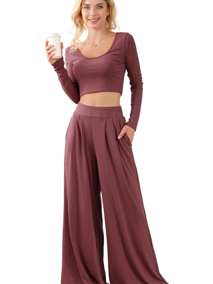 Ribbed Crop Top with Matching Wide Leg Pants - Winter Edition