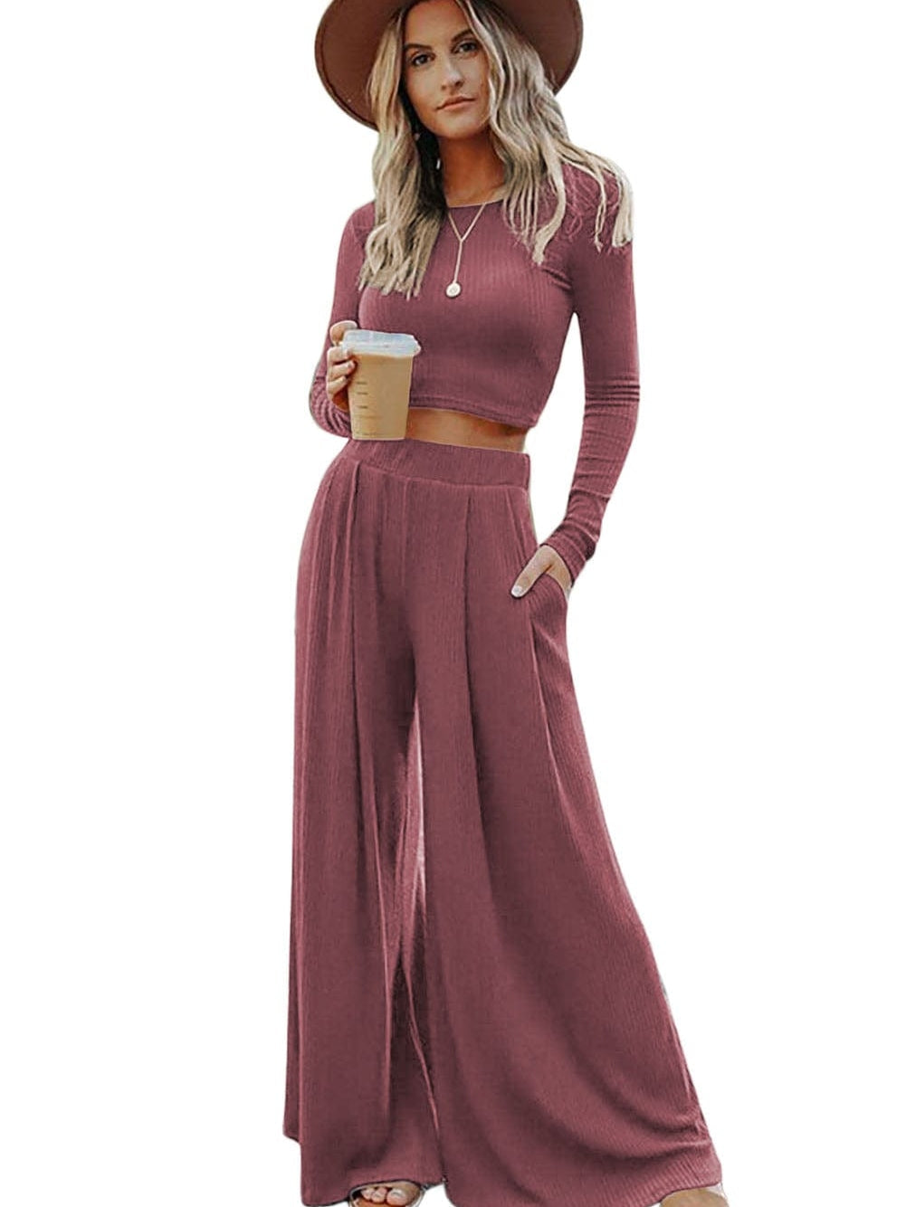 Ribbed Crop Top with Matching Wide Leg Pants - Winter Edition