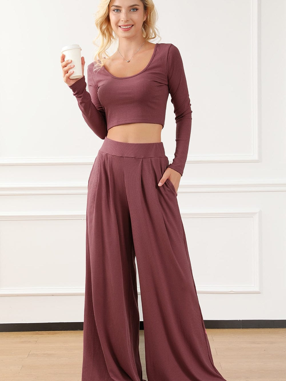 Ribbed Crop Top with Matching Wide Leg Pants - Winter Edition