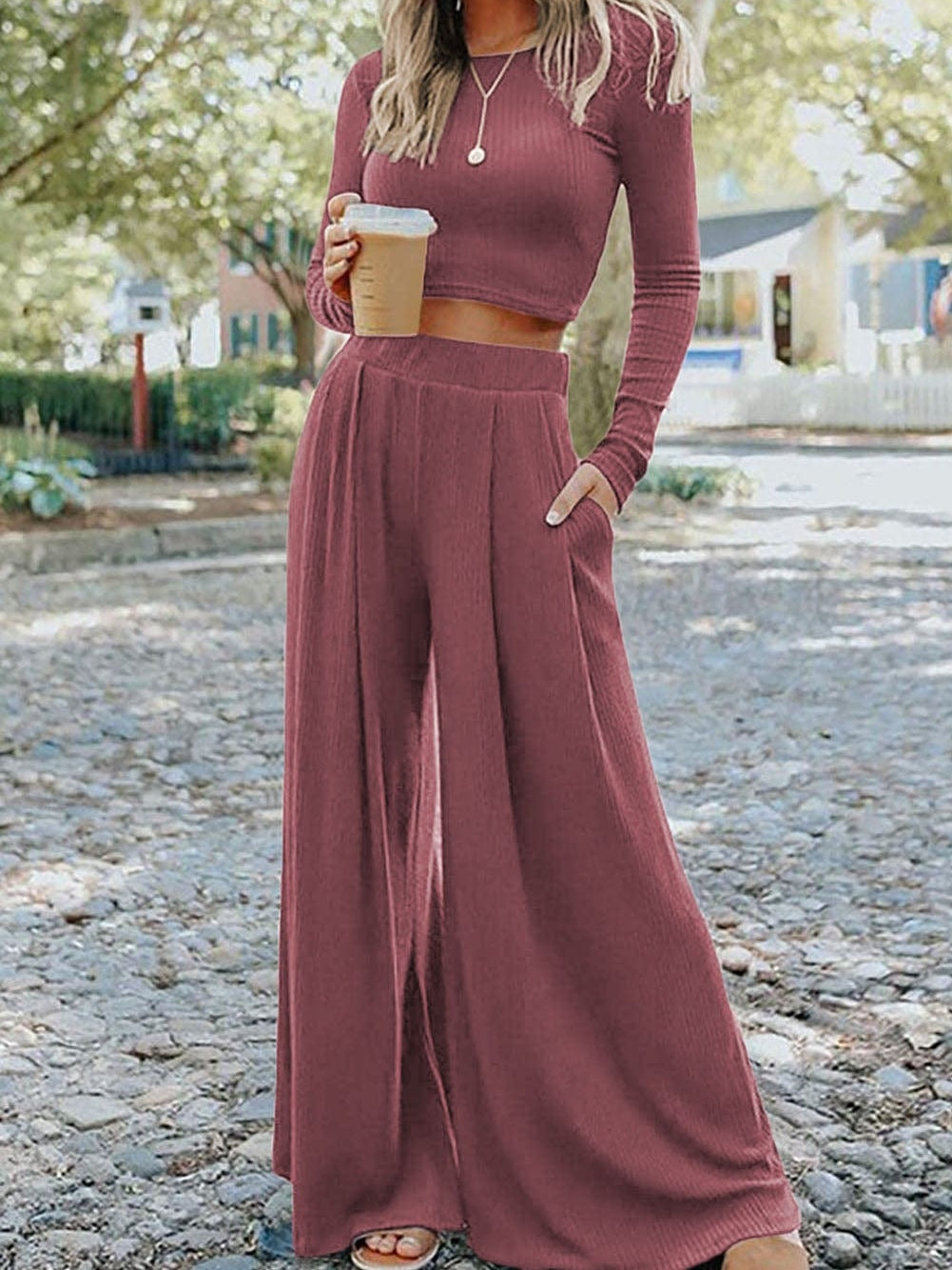 Ribbed Crop Top with Matching Wide Leg Pants - Winter Edition