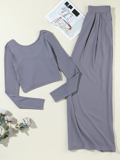 Ribbed Gray Crop Top and Long Pants Set with Wide Leg Silhouette