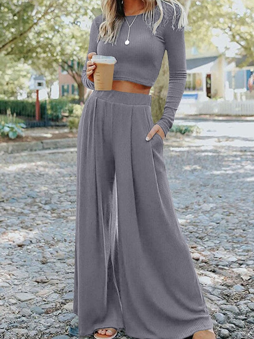 Ribbed Gray Crop Top and Long Pants Set with Wide Leg Silhouette