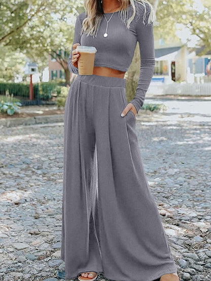 Ribbed Gray Crop Top and Long Pants Set with Wide Leg Silhouette