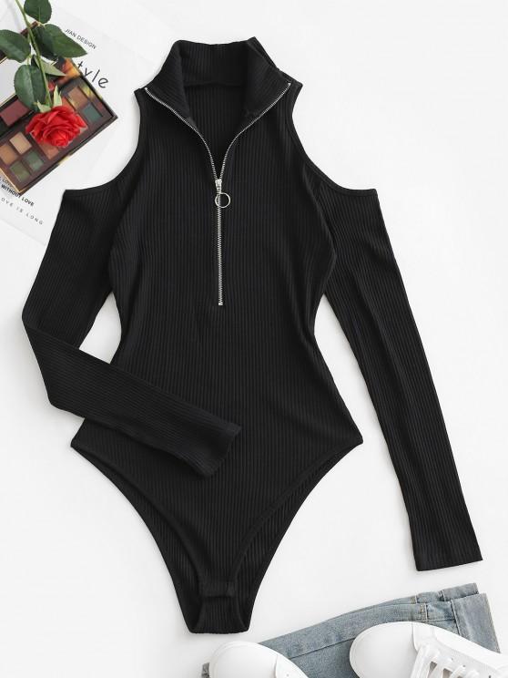 Ribbed Half Zip Snap Crotch Cold Shoulder Bodysuit - LuckyFash™