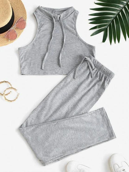 Ribbed Knit Racerback Drawstring Two Piece Pants Set for Women