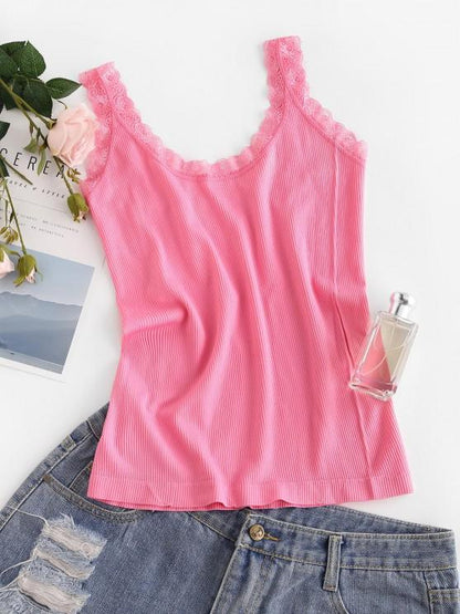 Ribbed Lace Insert Plain Tank Top for Women