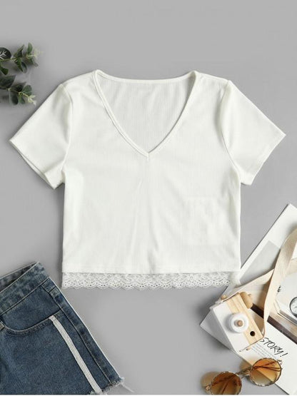 Ribbed Lace Panel Crop Tee for Women