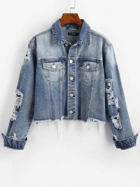 Ripped Frayed Pocket Trucker Denim Jacket for Women