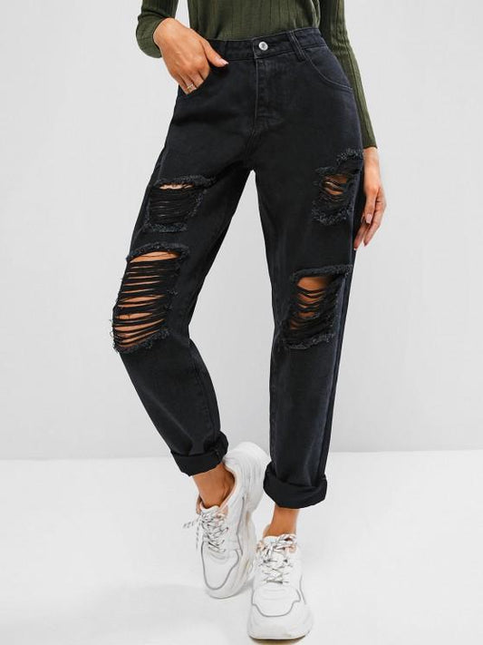 Ripped High Waisted Stovepipe Jeans for Women