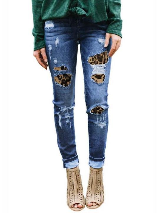 Ripped leopard print denim trousers - LuckyFash™