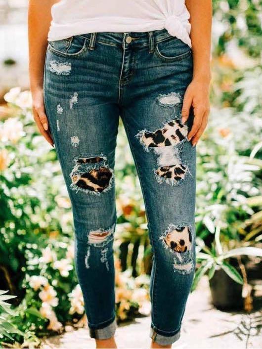 Ripped leopard print denim trousers - LuckyFash™