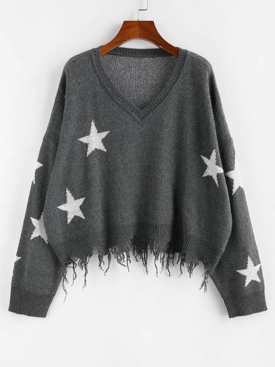 Ripped Stars Jacquard Sweater - LuckyFash™