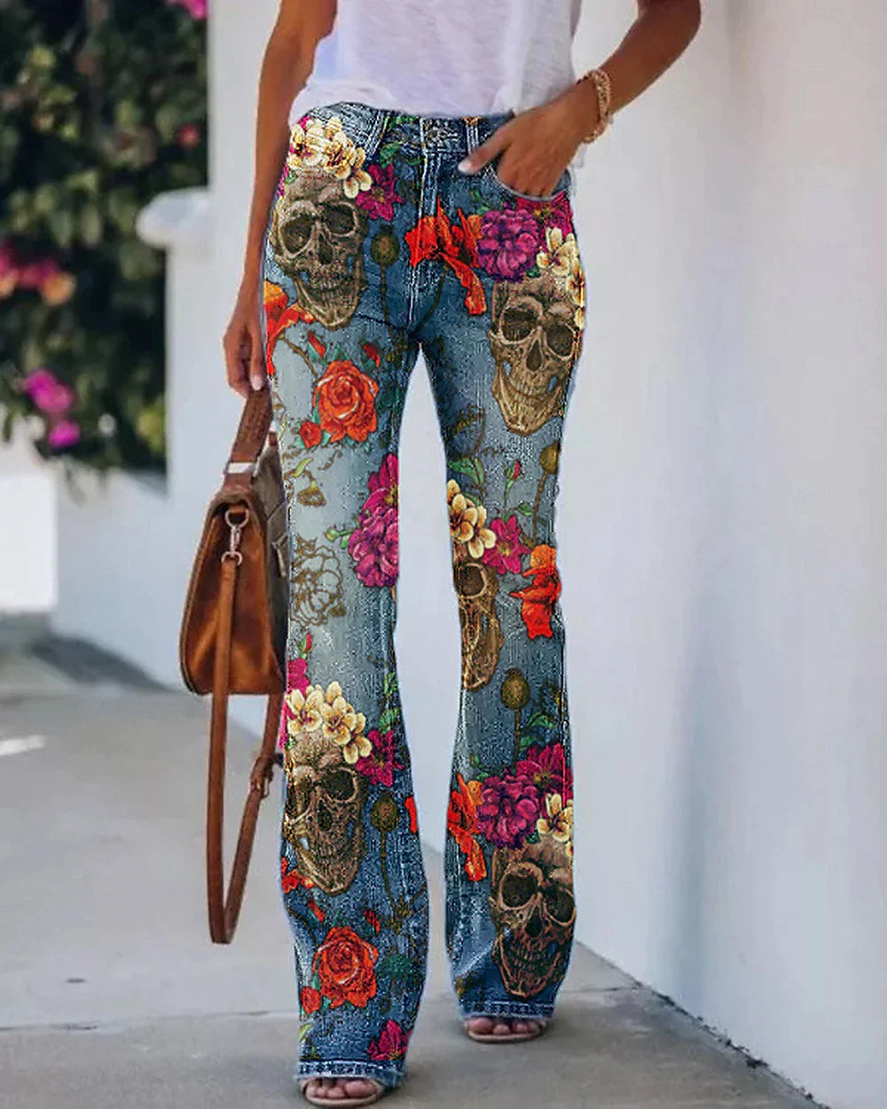 Women's Jeans Flared Pants Bell Bottom Full Length Faux Denim Side Pockets Print Micro-elastic Fashion Halloween Weekend Blue Red & White S M