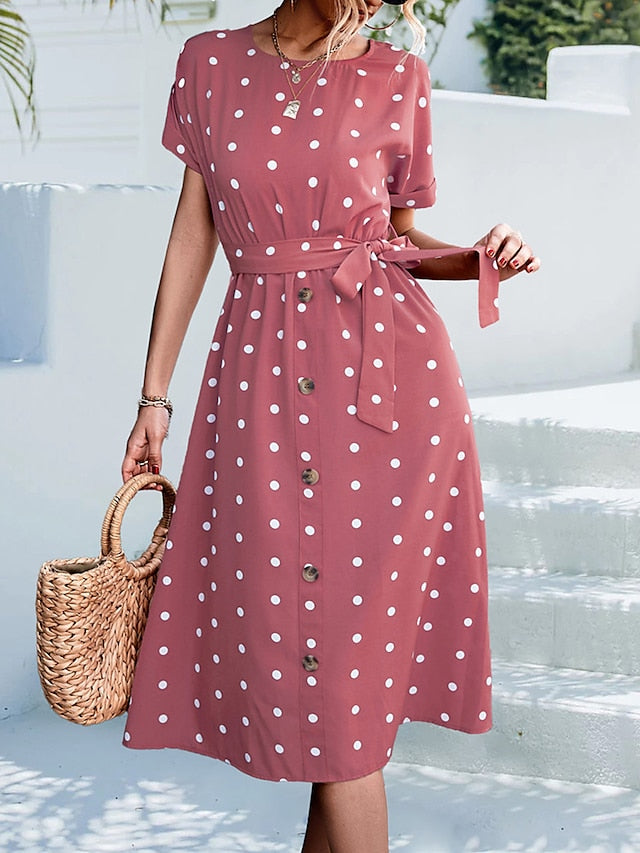 Women's Casual Dress Summer Dress PolkaÂ DotÂ Dress Polka Dot Lace up Print Crew Neck Midi Dress Fashion Streetwear Outdoor Date Short Sleeve Regular Fit Black Yellow Pink Summer Spring S M L XL - LuckyFash™