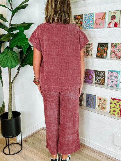 Rose Pink Corduroy Short Sleeve Crop Pants Ensemble