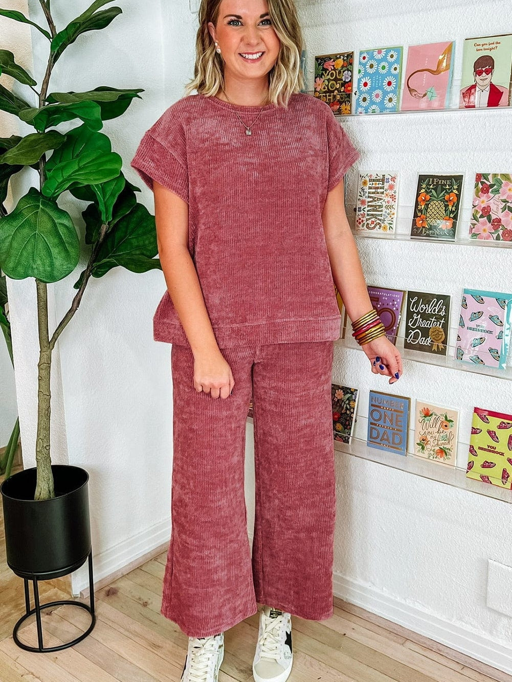 Rose Pink Corduroy Short Sleeve Crop Pants Ensemble