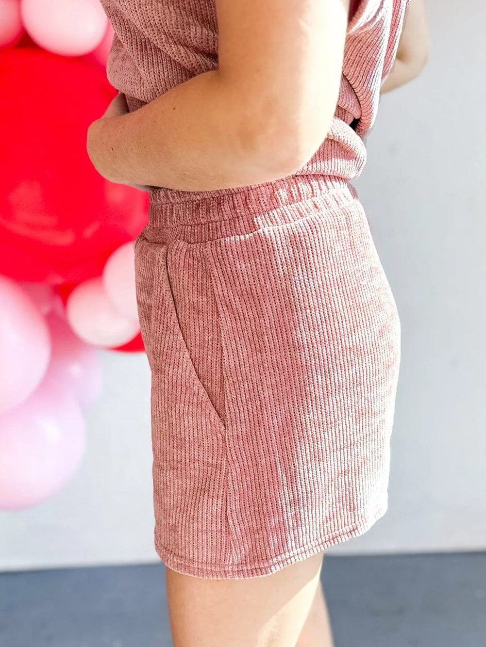 Rose Pink Cozy Ribbed Two-Piece Set with Shorts