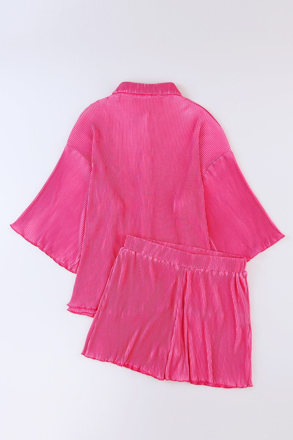 Rose Pleated 3/4 Sleeves Shirt and High Waist Shorts Lounge Set