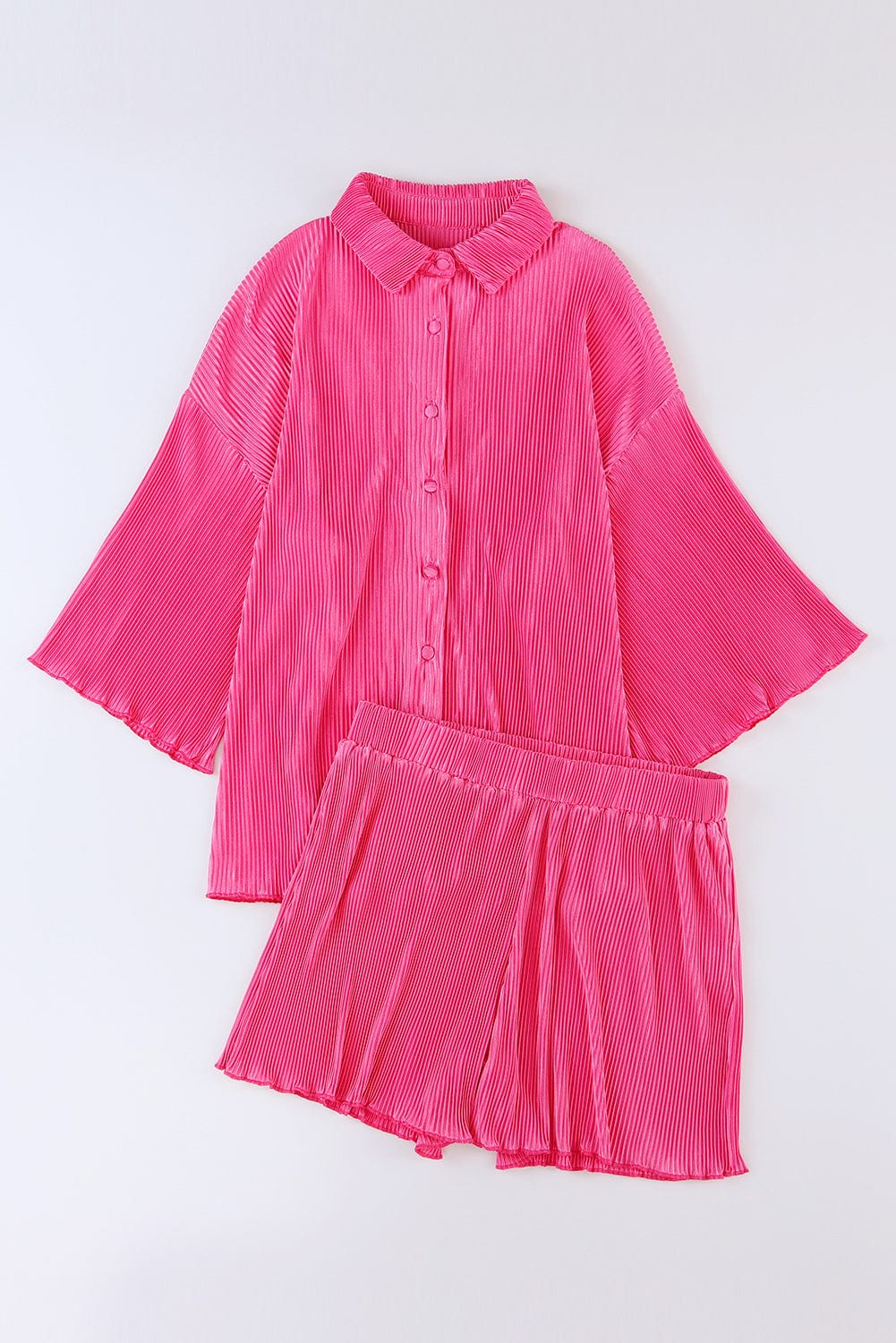 Rose Pleated 3/4 Sleeves Shirt and High Waist Shorts Lounge Set