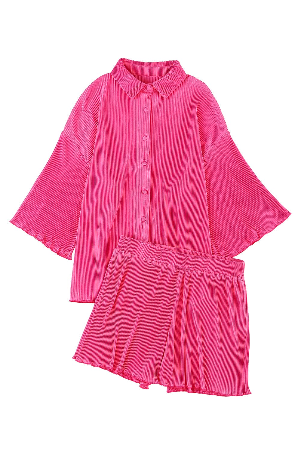 Rose Pleated 3/4 Sleeves Shirt and High Waist Shorts Lounge Set