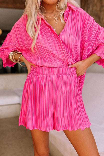 Rose Pleated 3/4 Sleeves Shirt and High Waist Shorts Lounge Set