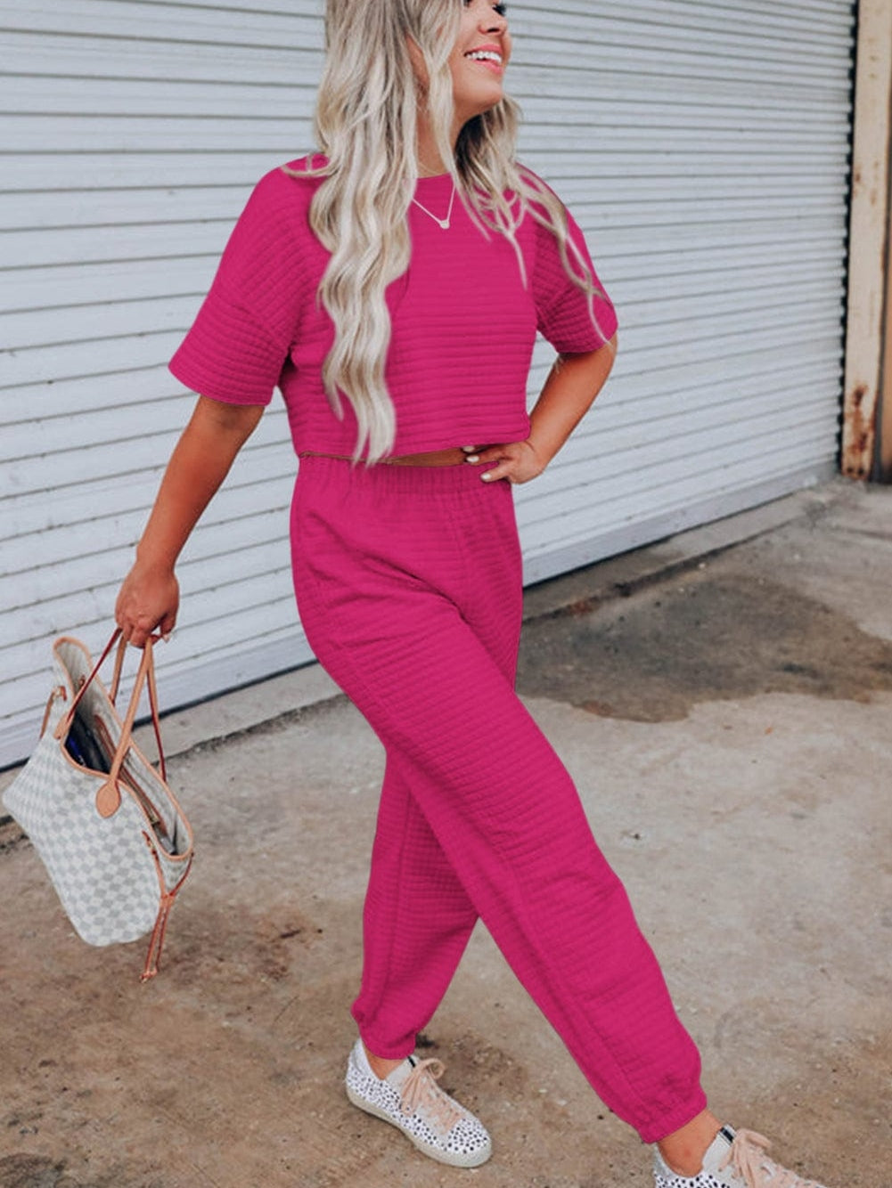 Rose Red Textured Crop Tee and Jogger Pants Ensemble