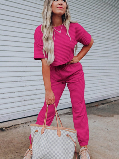 Rose Red Textured Crop Tee and Jogger Pants Ensemble