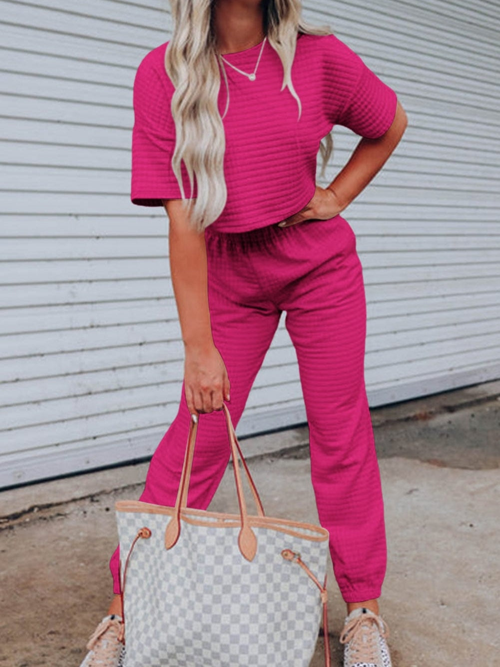 Rose Red Textured Crop Tee and Jogger Pants Ensemble