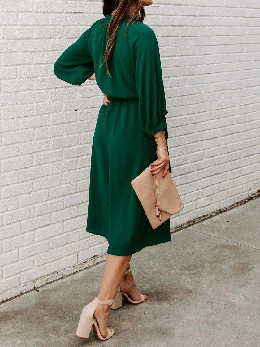 Round Neck Belted Long Sleeve Dress