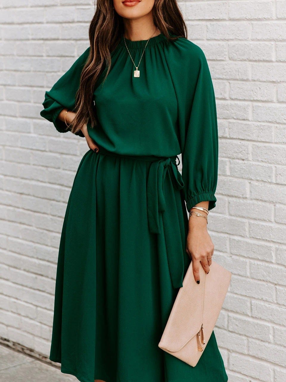 Round Neck Belted Long Sleeve Dress