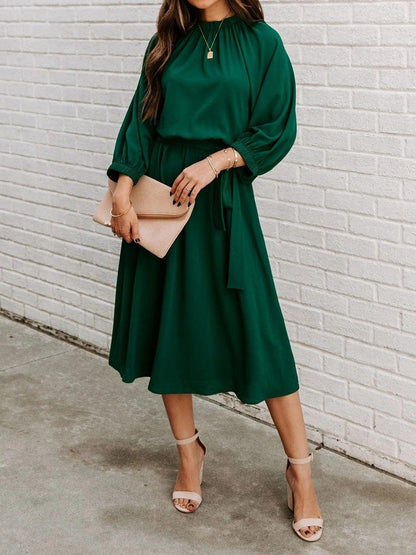 Round Neck Belted Long Sleeve Dress