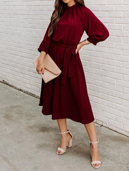 Round Neck Belted Long Sleeve Dress