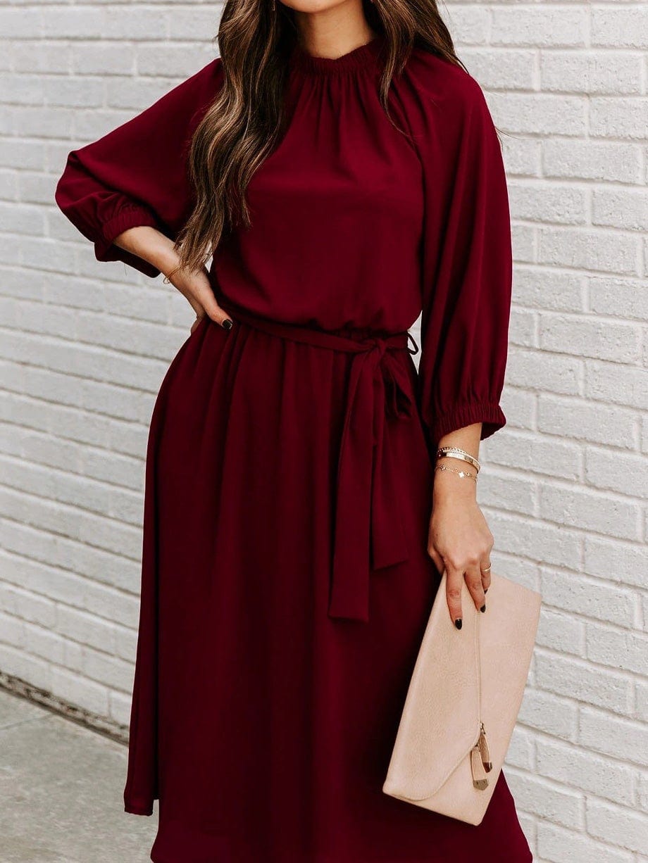 Round Neck Belted Long Sleeve Dress