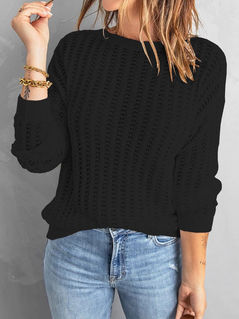 Round Neck Hollow Long Sleeved Knit Sweater